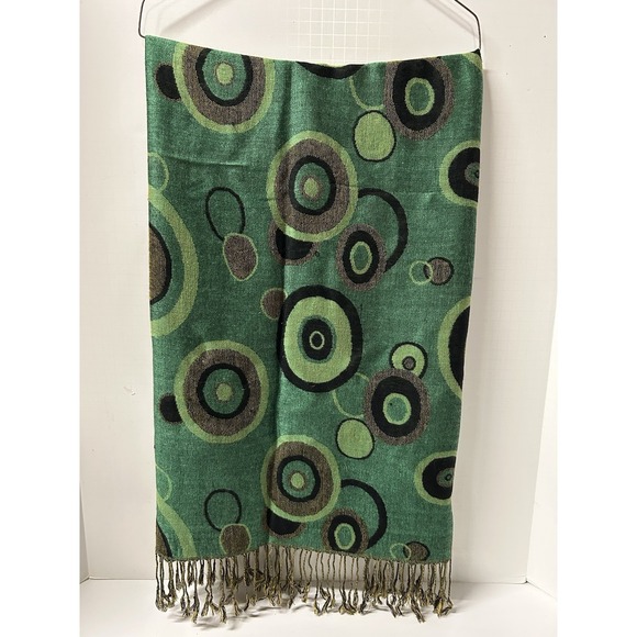 pashmina Accessories - Vintage Pashmina Cashmere Wool, Silk Paisley Fringe Wrap Scarf Stunning Green